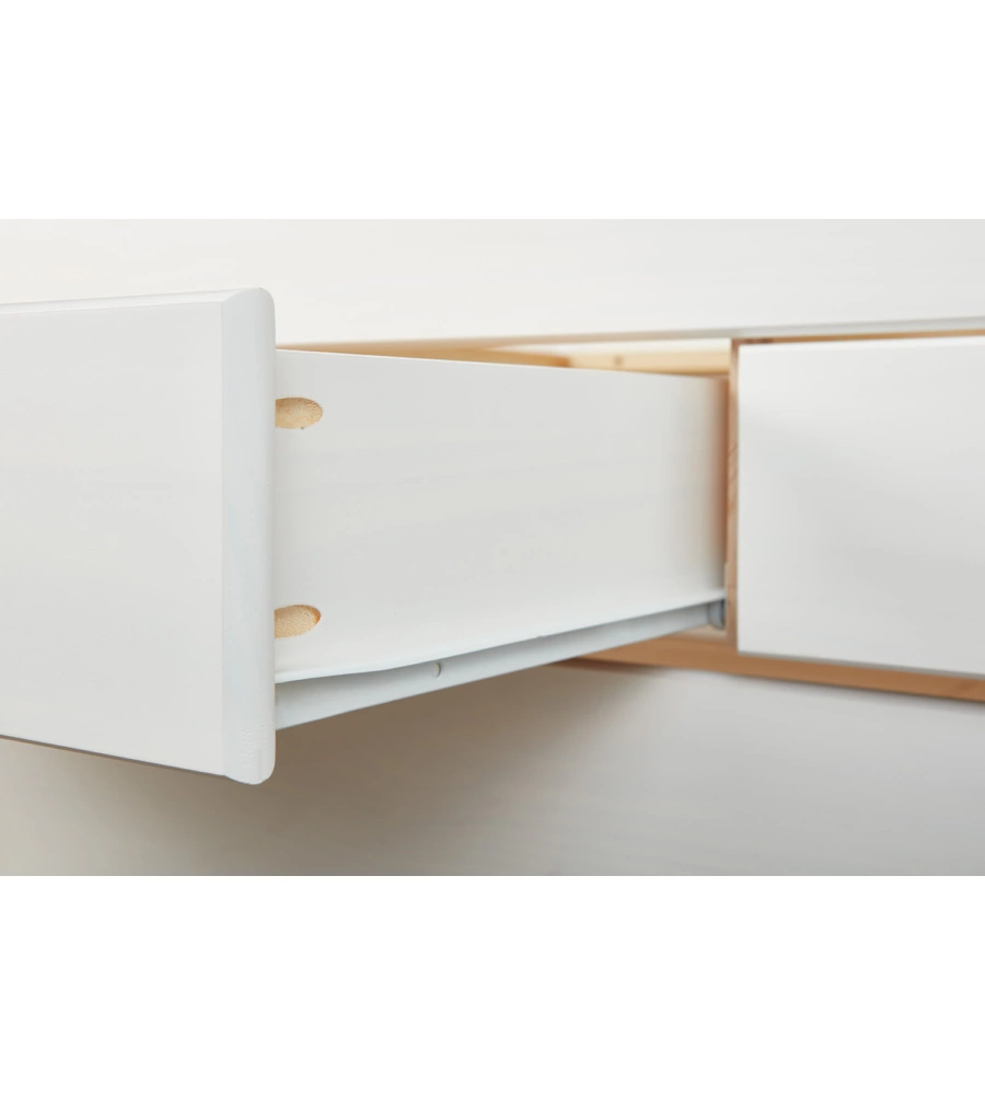 LETTO SINGOLO CON 3 CASSETTI E LETTO ESTRAIBILE IN PINO BIANCO 90X200 CM